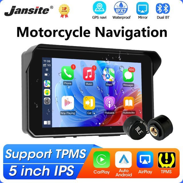 Jansite 5-Zoll Motorrad-Navigation mit CarPlay und Android Auto, kabellos, Dual Bluetooth, IPX7 wasserdichtes Display und TPMS-Unterstützung, Schwarz - Bild 1