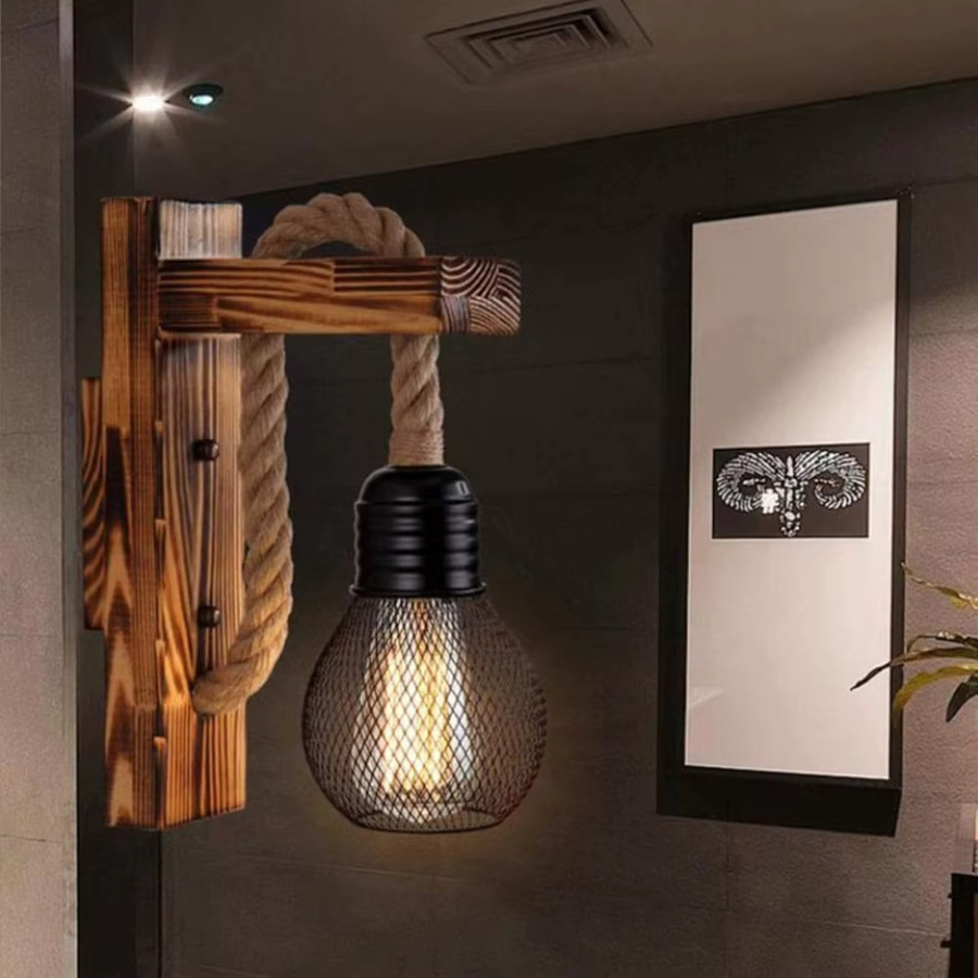 JOYINLED Retro Wandleuchte aus Holz und Hanfseil mit E27-Fassung, dekorative Wandlampe in Braun für Bar, Loft und Flur - Bild 2