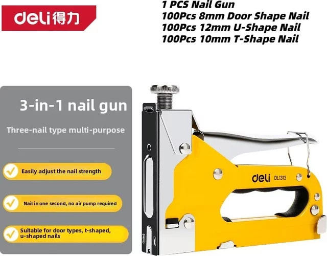 Deli 4-in-1 Nagelpistolen-Set mit 2000 Stück Heftklammern und Nägeln in U-Form, T-Form und I-Form - Bild 1