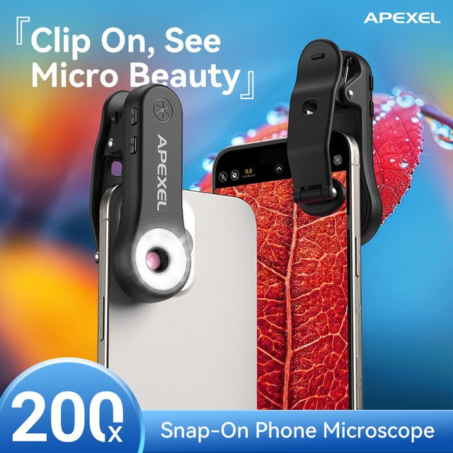 APEXEL HD 200X Mikroskop-Schmucklinse mit LED-Licht und Universalclip für iPhone und Xiaomi Smartphones, Schwarz - Bild 1