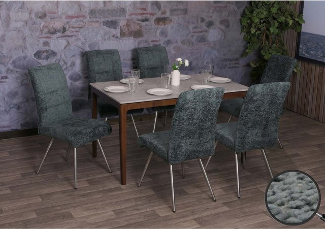 6er-Set Esszimmerstühle MCW G55 in Blau-Grün mit Chenille-Stoff und Edelstahlgestell - Bild 2