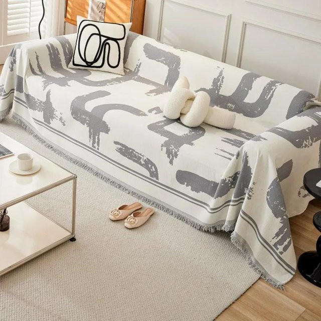 Rutschfeste Chenille-Sofamatte von Super Six in Schwarz-Weiß mit geometrischem Design, B/T: 180 x 90 cm - Bild 1