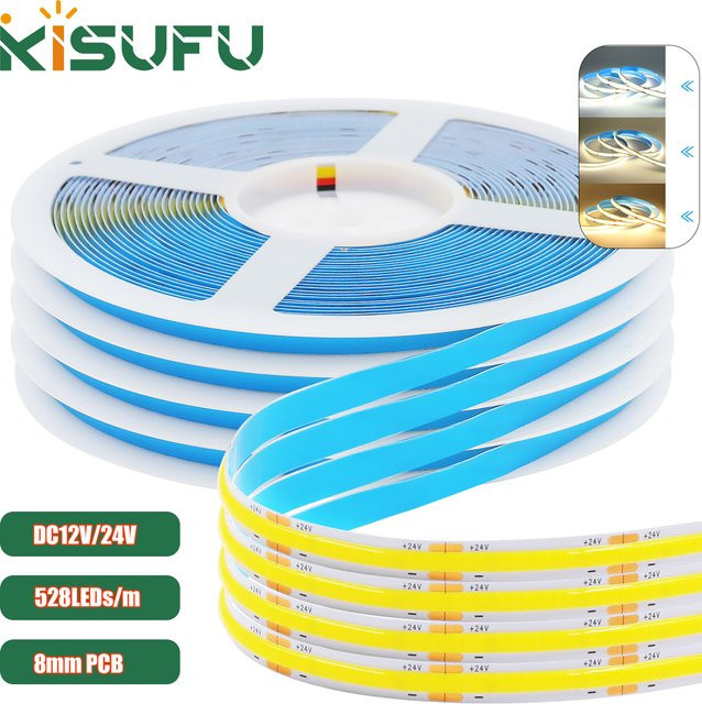 KISUFU COB LED-Streifen Licht dimmbar, 12V 24V, hohe Dichte 528LED/m, 8mm Breite, RA90, flexibler linearer LED-Streifen in den Farbtemperaturen 3000K, 4500K oder 6000K - Bild 1