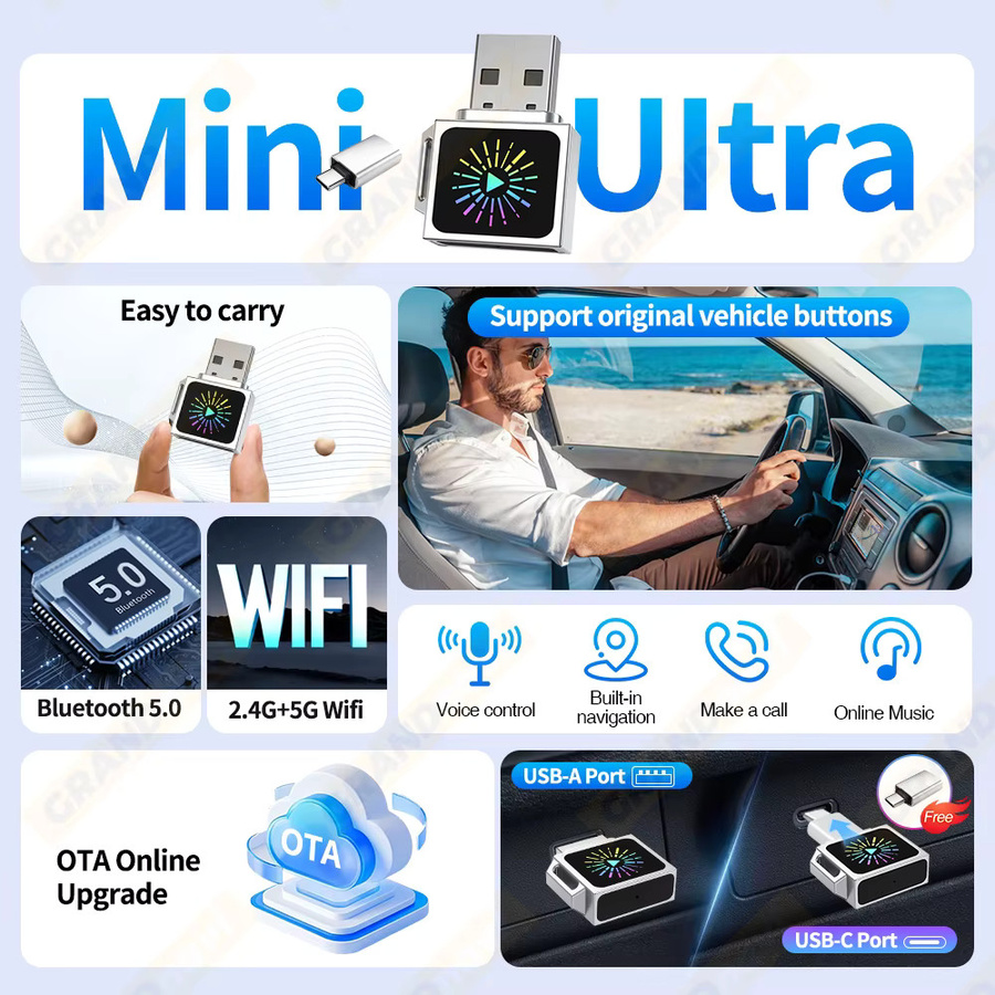 Grandnavi 2in1 Smart Mini Box Drahtloser CarPlay und Android Auto USB-C Adapter Dongle in Silber für VW Toyota Nissan Honda Ford Benz KIA MG - Bild 3