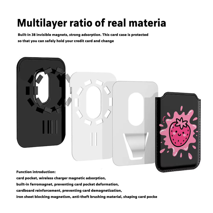 Magnetischer Kartenhalter mit rosa Erdbeerdesign als MagSafe Wallet Cover für iPhone 17 Pro Max und Samsung Galaxy S26 Ultra - Bild 2