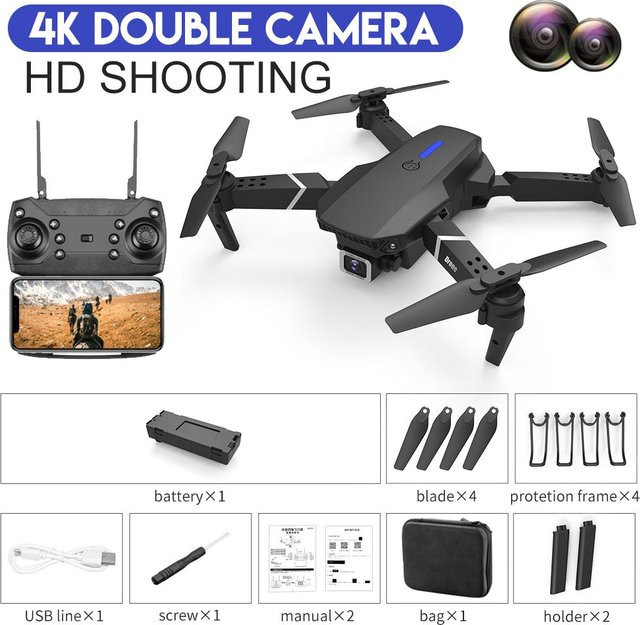 E88 RC Mini Drohne mit 4K Weitwinkel Dual Kamera, WiFi FPV und optischer Fluss Positionierung, faltbarer Quadcopter in Schwarz/Grau von PRISMA - Bild 1