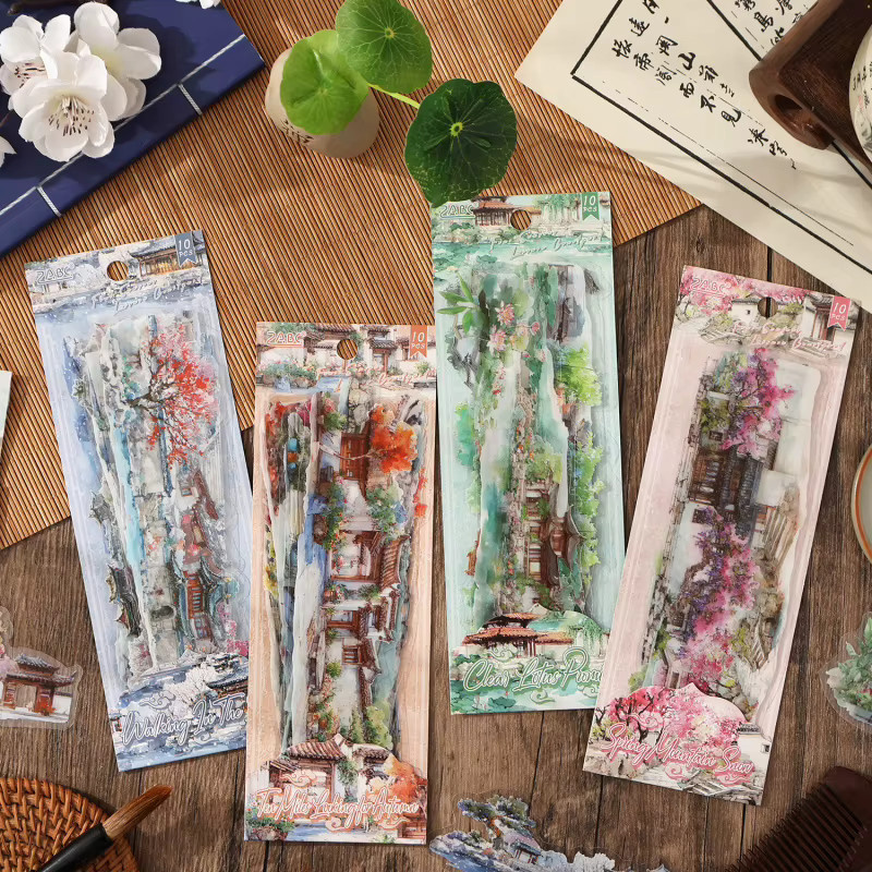 10 Blatt Streifenaufkleber im chinesischen antiken Stil mit Berg- und Flussmuster für dein Scrapbook-DIY in Mehrfarbig - Bild 1