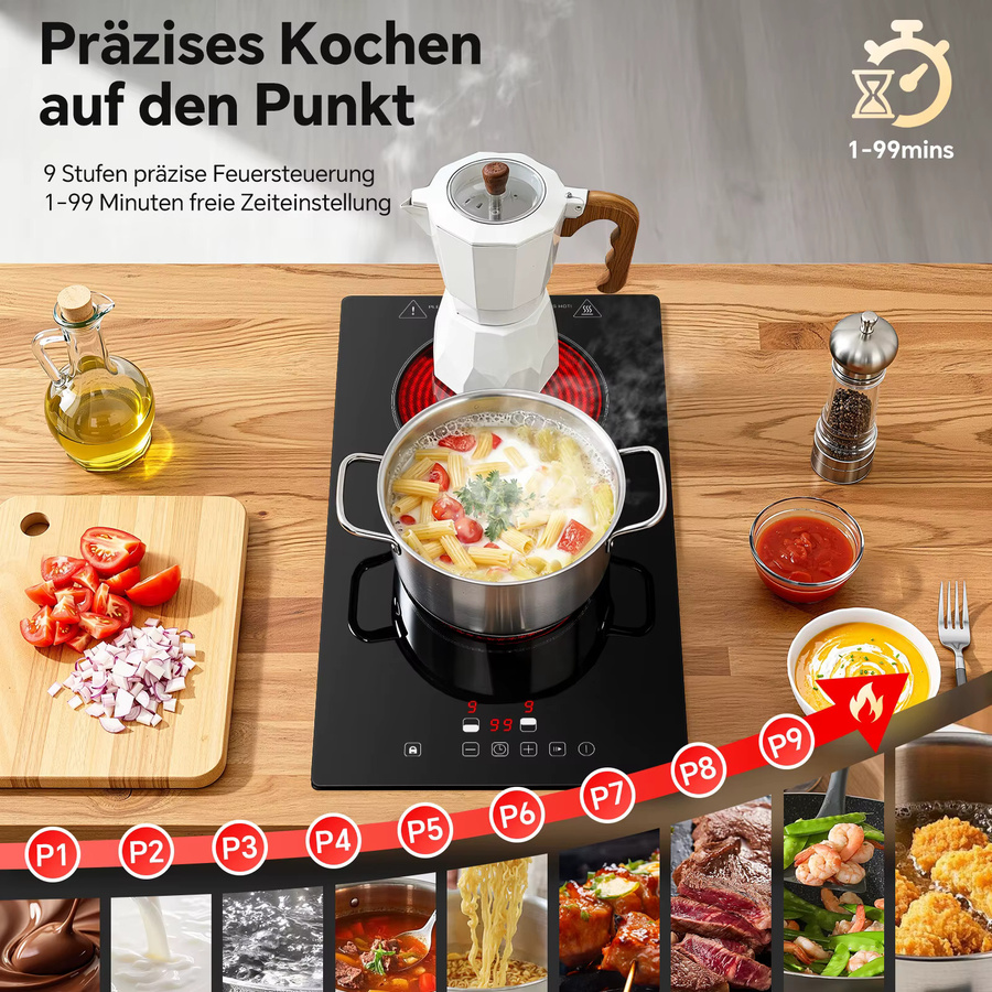 KICHPOWER 2-Zonen-Keramikkocher mit 3000 W, Kindersicherung, 9 Heizstufen und Timer, Schwarz - Bild 3
