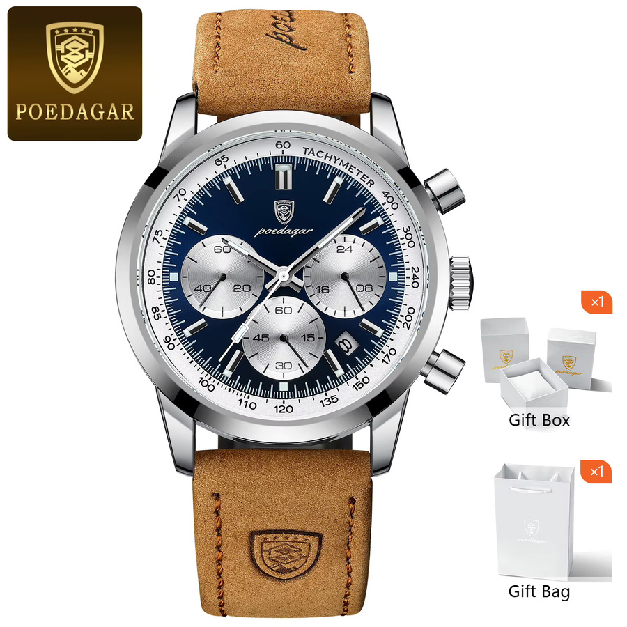 POEDAGAR Armbanduhr Chronograph, Quarz, Leder, Blau, Herren - Bild 7