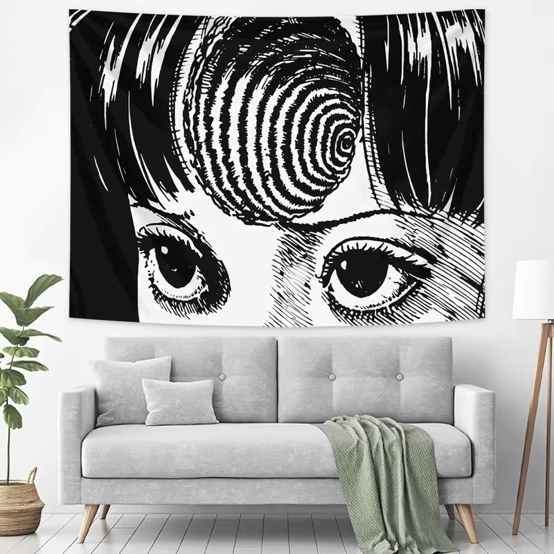 VIKAMA Junji Ito Uzumaki Wandteppich in Schwarz-Weiß, Horror Manga Wandbehang für dein Schlafzimmer oder Wohnzimmer, Ästhetisches Anime Wanddekor, B: 75 cm, H: 58 cm - Bild 2