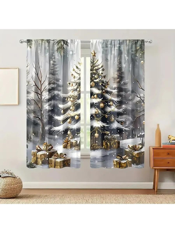 Tonnika Chen Set aus 2 lichtblockierenden Weihnachtsbaum Geschenk Muster Vorhängen in Gold, B: 100 cm, H: 70 cm - Bild 2