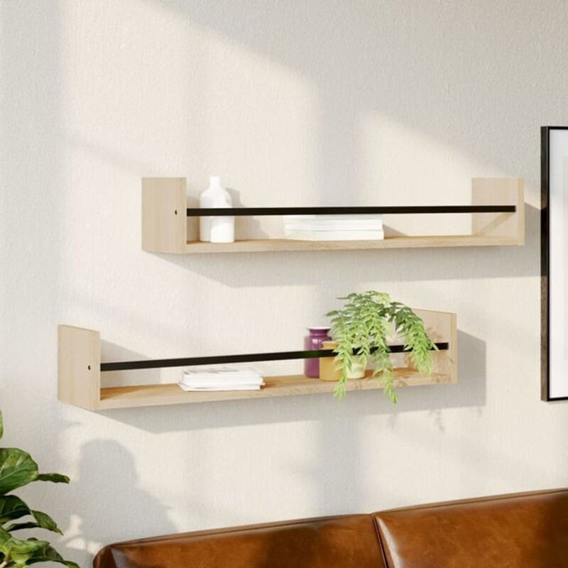 Vidaxl Wandregale mit Stangen im 2er-Set, Eiche Natur/Braun, B/H/T: 80 x 16 x 14 cm - Bild 1