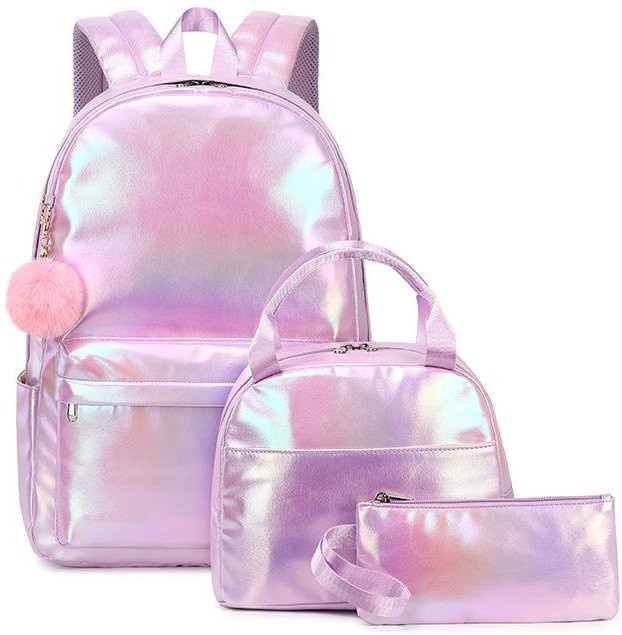 3-teiliges Set Weft Schulrucksack für Teenager-Mädchen mit Brotdose und Federmäppchen, wasserdicht, violett - Bild 1