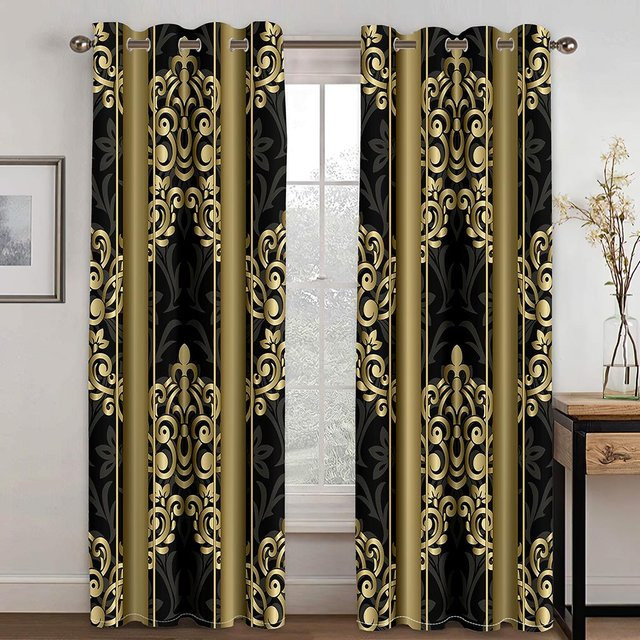 A Family Of Home Textiles Barock Luxus Designer Vorhang in Schwarz und Gold, 2 semi-transparente Stoffpaneele mit Ösen, Höhe: 240 cm, Breite: 200 cm - Bild 1