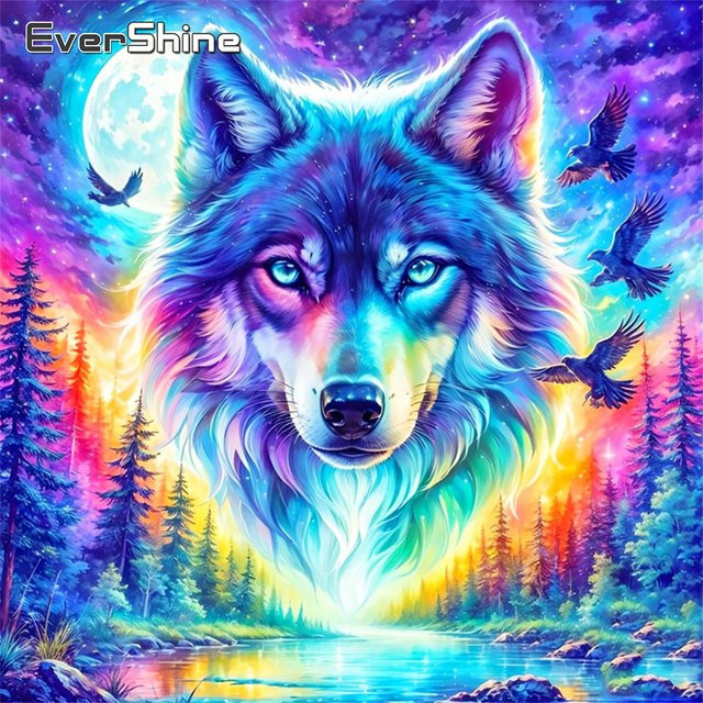 EverShine Diamant-Stickerei Wolf und Adler mit Mond und Baum als Vollquadrat-Mosaik-Gemälde in Mehrfarbig - Bild 1