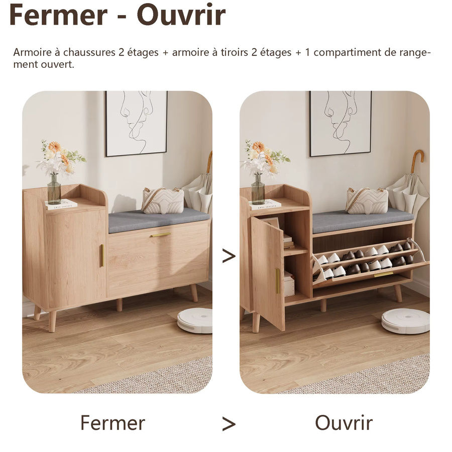 Anajqaqia Schuhaufbewahrungsbank im skandinavischen Design mit gepolstertem Sitz, Klappschuhschrank aus Holz für Flur und Schlafzimmer, Farbe: Naturholz/Braun/Grau, B/T/H: 100 x 30 x 69 cm - Bild 2