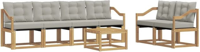vidaXL Outdoor-Sofagarnitur 7-teilig aus Akazienholz und Textilene in Weiß-Hellgrau mit Kissen und Tisch - Bild 1