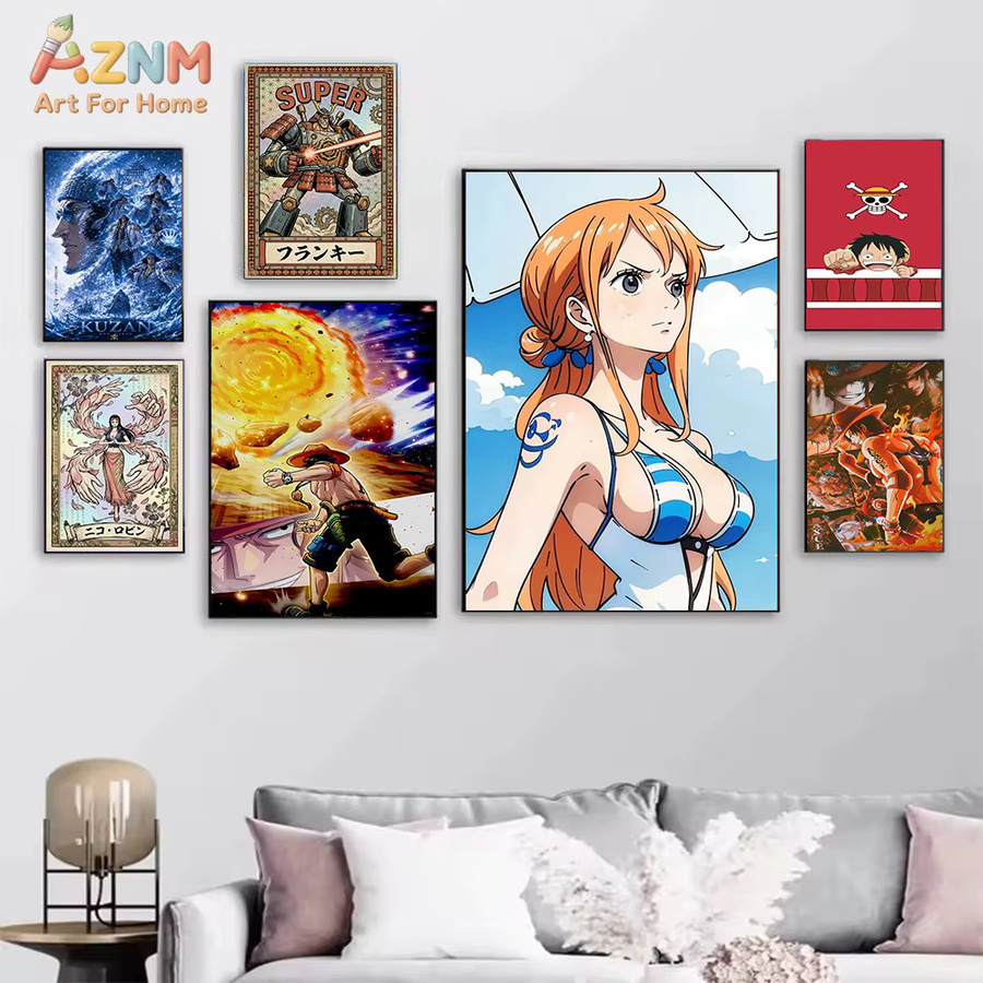 AZNM One Piece Anime Leinwand-Wandkunst mit Luffy, Nami, Franky, Robin, Sanji und Ace, Mehrfarbiges Druckposter ohne Rahmen - Bild 1