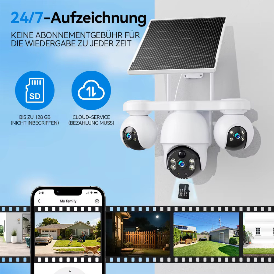 V380 Pro 4G LTE Solar Überwachungskamera für den Außenbereich mit 8MP Dreifach-Objektiv, PTZ und Auto-Tracking, Weiß - Bild 3