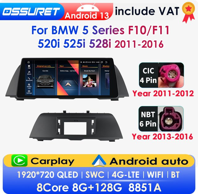 OSSURET 2-DIN Android 13 Autoradio mit 10,25 Zoll Display für BMW 5er-Reihe F10/F11 520i 525i 528i (2013-2016), Schwarz, Multimedia-Player mit GPS, Bluetooth, Wireless Carplay, Android Auto und 360-Grad-Kamera-Unterstützung - Bild 1