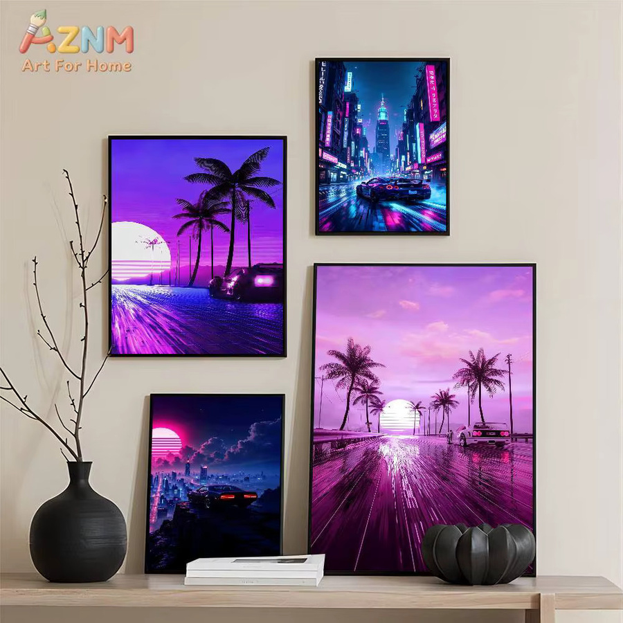 AZNM Synthwave Neon City Leinwand-Wandkunst im Retro-Stil der 80er Jahre mit Sportwagen und Palmen-Druck - Bild 2