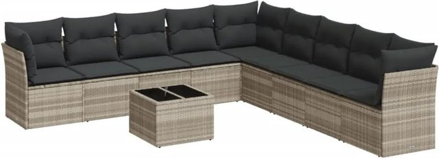 vidaXL 10-teilige Garten-Sofagarnitur aus Poly-Rattan in Hellgrau mit Kissen und Tisch - Bild 1