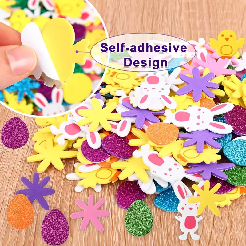 100-teiliges Oster-Aufkleber-Set aus Schaumstoff in Multicolour mit Eier-, Häschen-, Küken- und Blumendesigns für Bastelarbeiten und Party-Dekorationen - Bild 3