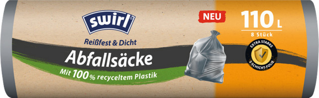 Swirl Abfallsäcke 110 Liter, extra stark und reißfest, dunkelgrau, B/H: 71 x 108 cm, 8 Stück - Bild 1