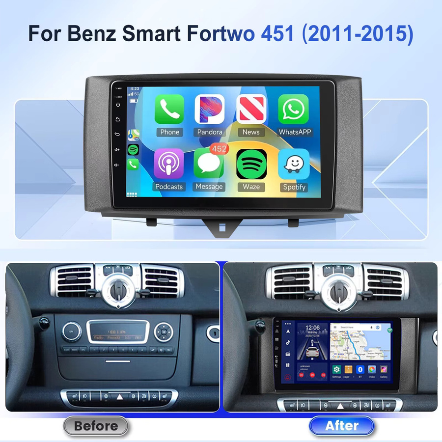 ESSGOO 9-Zoll Android 15 Autoradio für Smart Fortwo 451 (2011-2015) mit GPS-Navigation, Bluetooth, WLAN, Carplay und DAB in Schwarz - Bild 2