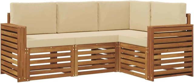vidaXL Sofagarnitur 4-teilig aus Massivholz Akazie in Natur und Beige mit L-Form und Sitzkissen - Bild 1