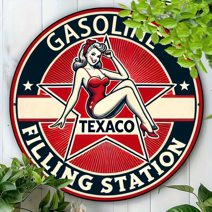 Rundes Aluminiumschild Potdemiel Tankstelle im Vintage-Stil mit Motiv einer lächelnden Dame, Durchmesser: 20 cm, Mehrfarbig - Bild 4