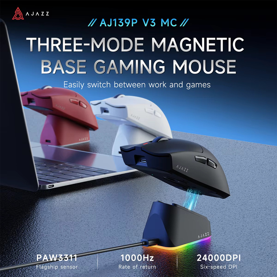 Ajazz AJ139 V2 MC / AJ139P V3 Magnetische Dock-Gaming-Maus mit Bluetooth, 2.4G und kabellosem Laden, 800mAh Akku, PAW3311 Sensor - Bild 3
