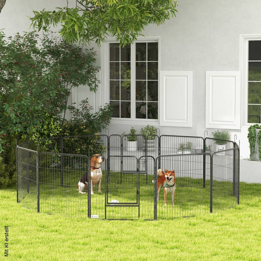 PawHut Welpenauslauf aus Stahl in Grau, 12-teiliger Hundelaufstall mit 2 Türen als DIY Freilaufgehege für Hunde, Kaninchen oder Meerschweinchen, B/H/L: 150 x 80 x 80 cm - Bild 2