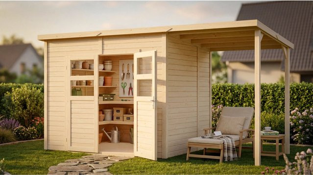 Bertilo Holz-Gartenhaus Felix 2 PLUS in Natural mit Flachdach und Elementbauweise - Bild 1