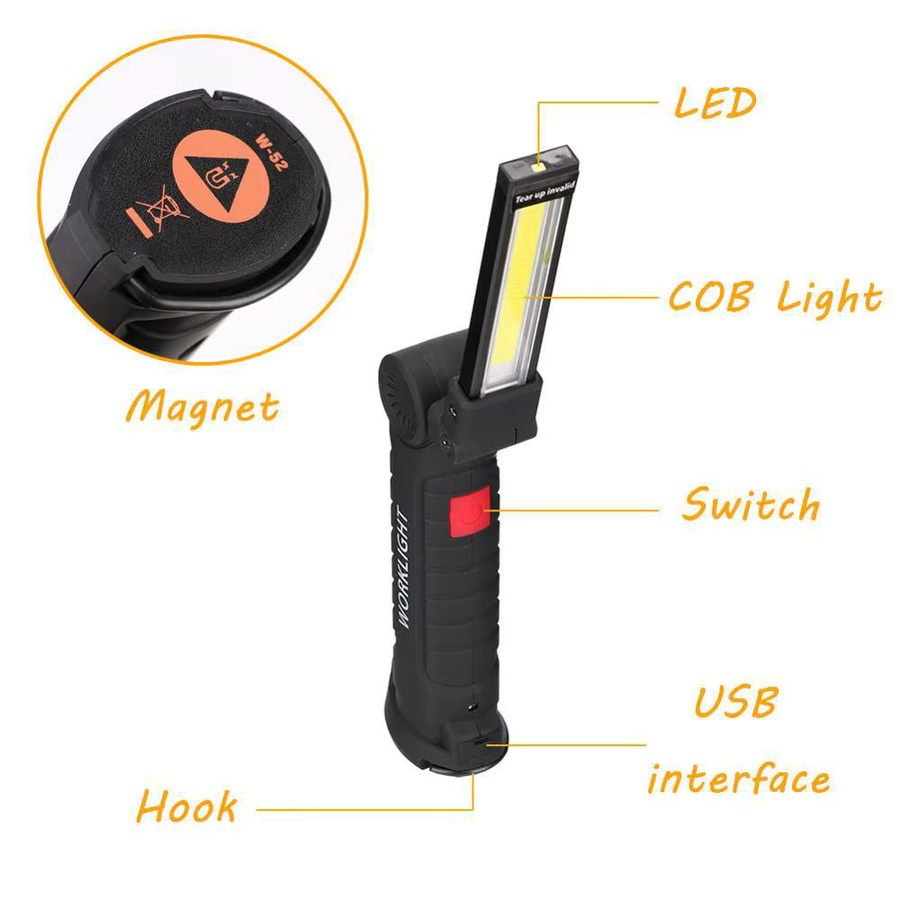 Magnetische COB LED Taschenlampe in Schwarz, USB aufladbare tragbare Arbeitslampe mit eingebauter Batterie für Camping und Arbeit - Bild 2