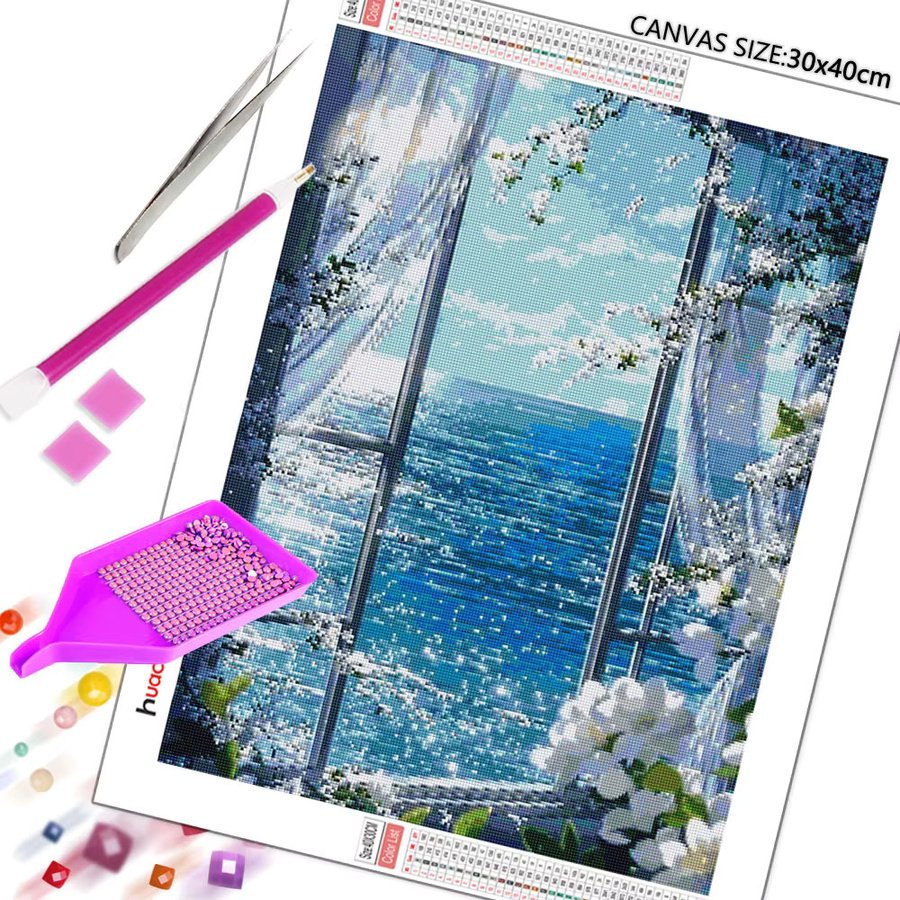Huacan DIY Diamond Painting Set Meereslandschaft mit Blumenmotiv in Blau - Bild 2