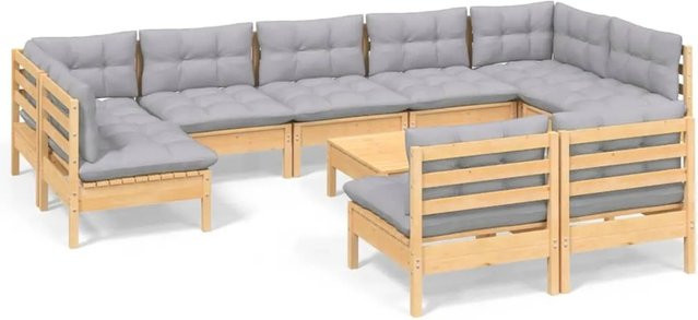 vidaXL 10-tlg. Garten-Lounge-Set aus massivem Kiefernholz in U-Form mit grauen Polstern - Bild 1