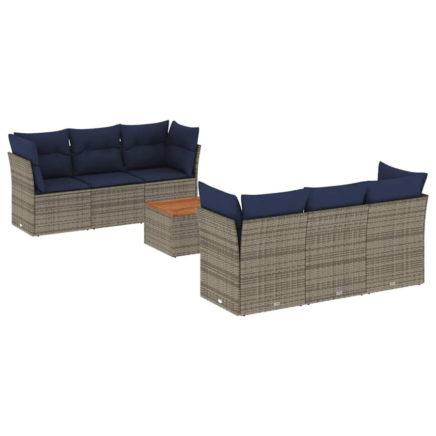 vidaXL 7-teilige Garten-Sofagarnitur aus Poly-Rattan und Akazienholz in Grau mit Kissen in Marineblau - Bild 2