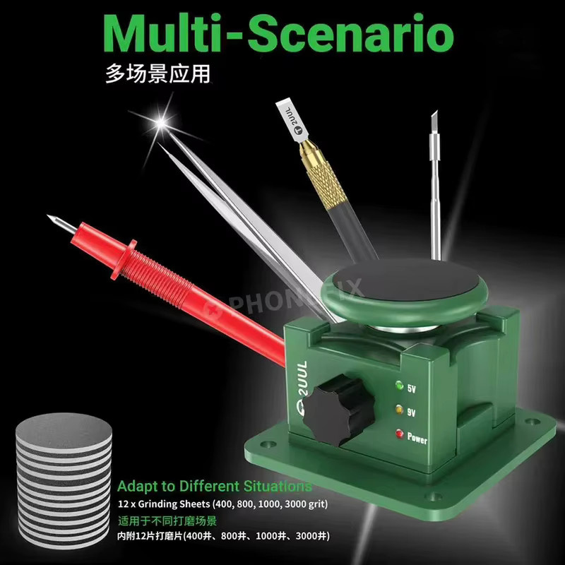 XMSJ 2UUL DA79 Mini MicroTip Schleifgerät in Grün mit Handpolierpad und Schleifblättern zur Präzisionsreparatur von Pinzetten-Spitzen - Bild 2