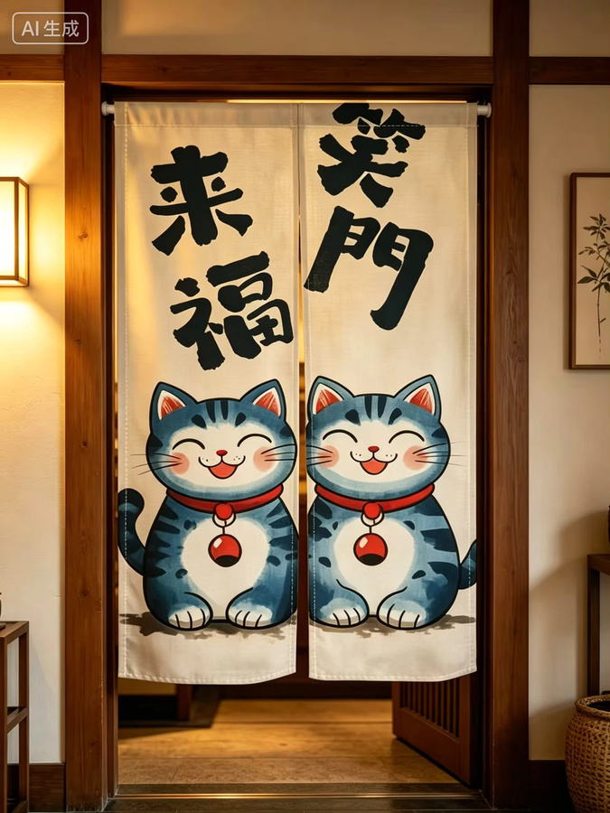VIKAMA Japanischer Türvorhang aus Leinen mit Katzenmotiv und Ramen-Straßen-Design, Halbvorhang für Küche und Restaurant, Breite: 120 cm, Höhe: 70 cm - Bild 2