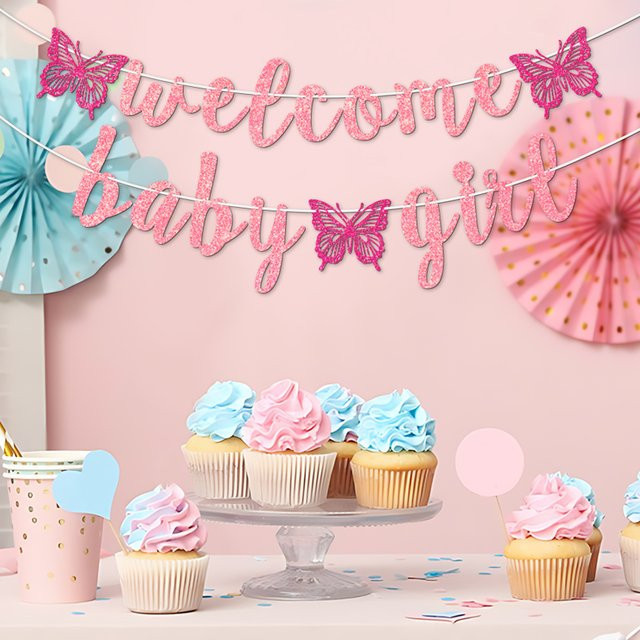 YOMDID Willkommen Baby Banner mit glitzernden Schmetterlingen in Silber aus Papier für Babyparty und Geburtstagsfeier - Bild 1