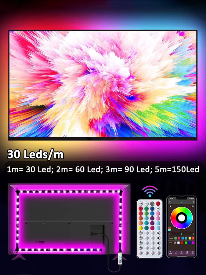 Mikenoon RGB 5050 LED-Streifen mit Musik-Synchronisierung für TV-Hintergrundbeleuchtung und Dekoration, Multicolour, 30 LEDs/m - Bild 6