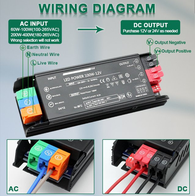 NIUGUY LED-Beleuchtungstransformator mit einstellbarer Spannung AC100-265V zu DC 12V 24V, Metall, Schwarz - Bild 1