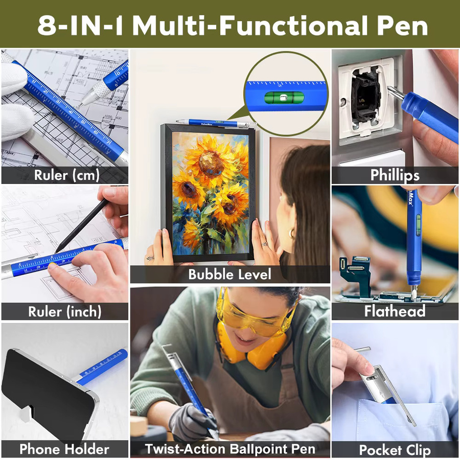 8-in-1 Multitool-Stift Set in Schwarz aus Metall mit Schraubendrehern, Lineal und Wasserwaage als kompakter EDC-Multifunktionsstift - Bild 3