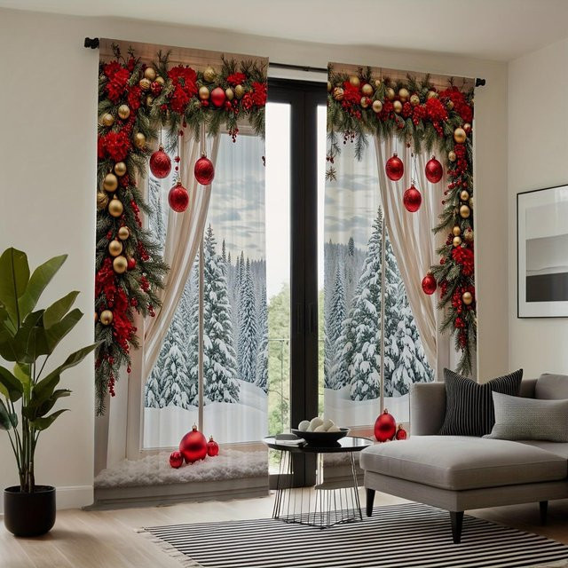 2er-Set Weihnachts- und Grünkiefer-Druckvorhänge von Household supplies MH, halbtransparent, mehrfarbig, B: 50 cm, H: 160 cm - Bild 1