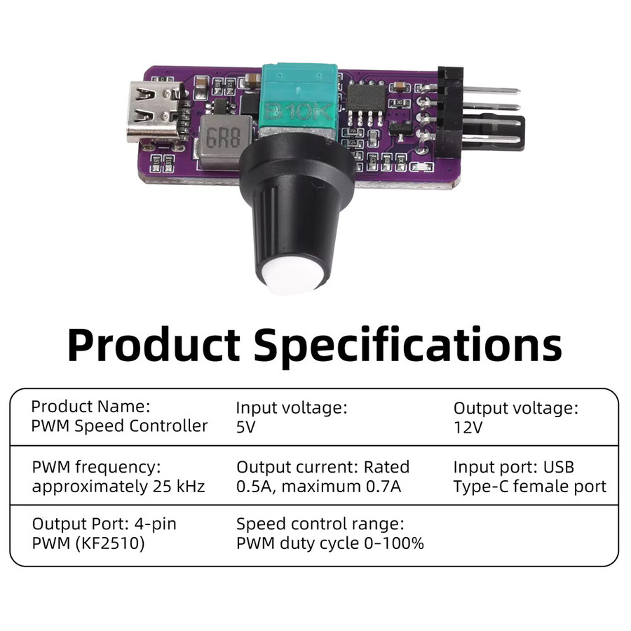 diymore 4-Pin PWM Lüfterdrehzahlregler mit USB-C Anschluss und Schalter zur Windgeschwindigkeitssteuerung für 5V bis 12V - Bild 3