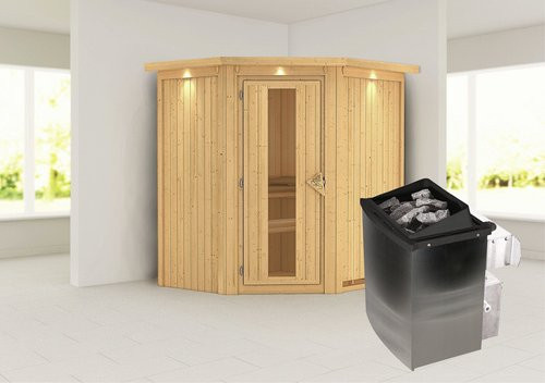Karibu Sauna Narva aus Fichtenholz mit 9 kW Saunaofen und integrierter Steuerung für 3 Personen, beige - Bild 1