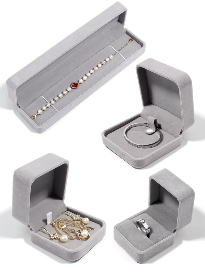 Graue Samt-Schmuckschatulle zur Aufbewahrung von Halsketten, Armbändern und Ohrringen - Bild 2