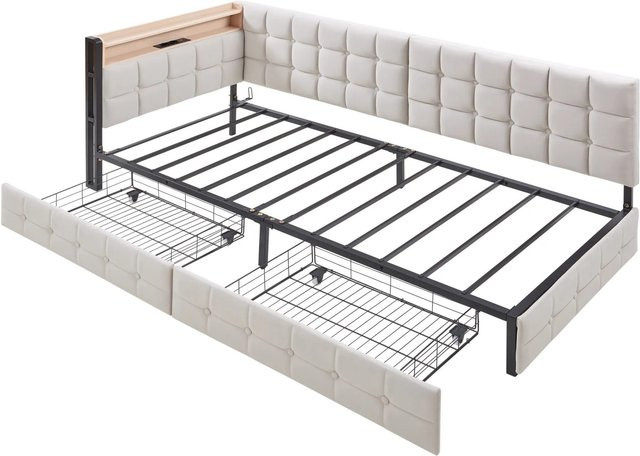 Merax Kinderbett Beige mit Schubladen, LED-Unterbettbeleuchtung, USB-C Ladeport und integriertem Leselicht, B/T/H: 90 x 200 x 120 cm - Bild 1