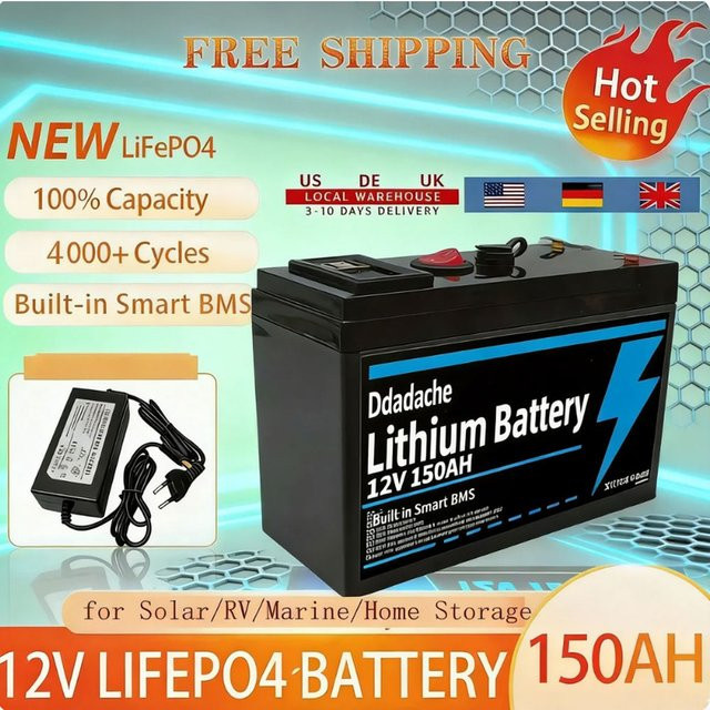 12V Lithium-Batterie 150Ah LiFePO4 mit integriertem BMS in Schwarz für USV, Kajak-Fischfinder, Solarmodule und Radio - Bild 1